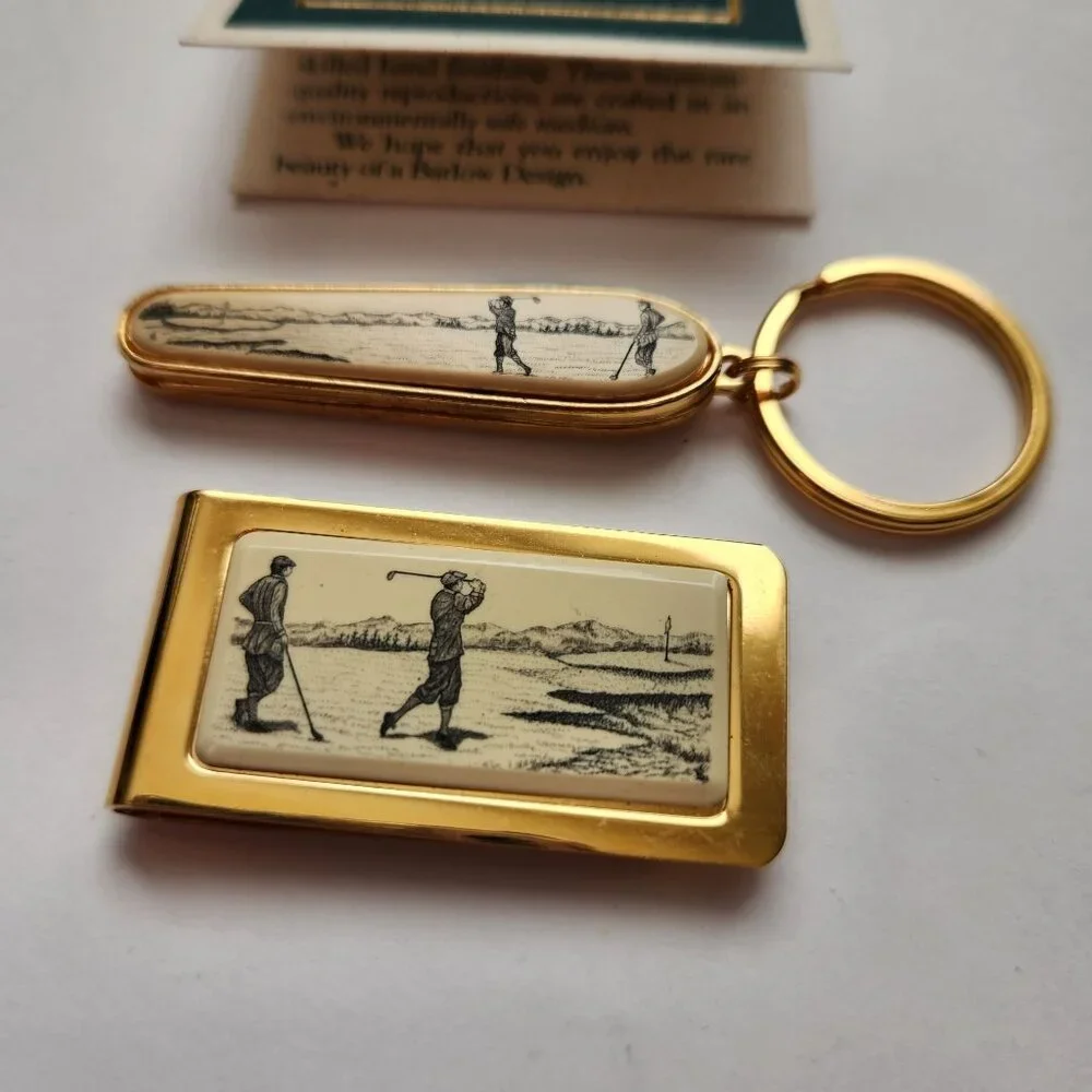Vintage Barlow Designs Gold Money Clip and Keychain Set With Golfer Design